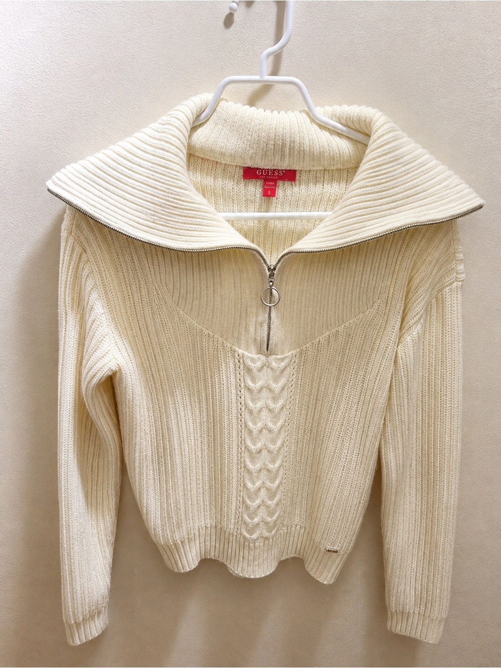 GUESS Cream Ribbed Half-Zip Turtleneck Sweater